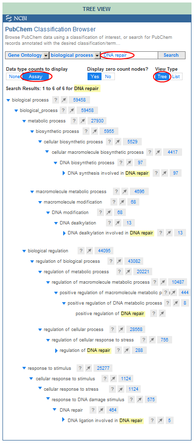 PubChem Classification Browser TREE VIEW of search results for PubChem BioAssays whose protein targets have been annotated with the Gene Ontology term DNA repair.